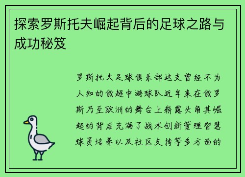 探索罗斯托夫崛起背后的足球之路与成功秘笈