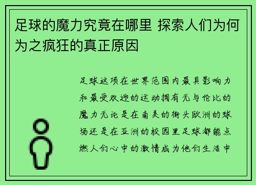 足球的魔力究竟在哪里 探索人们为何为之疯狂的真正原因